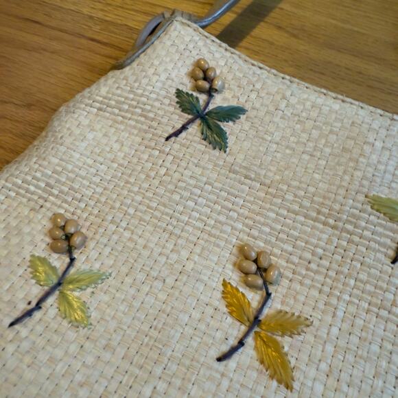 Fossil Beaded Leather Strap Straw Purse Snap Fall - Picture 3 of 8